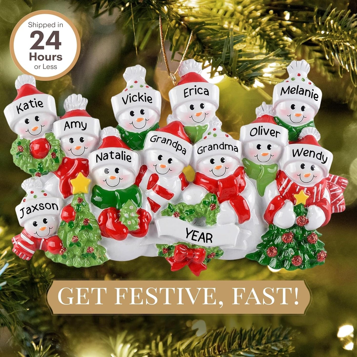 Personalized Large Family of 11 Ornament 2025 | Free 24h Customization | Laser Engraved Snowman Christmas Ornaments for Tree | Custom Gift Wrapped Festive Holiday Keepsake for Eleven Persons