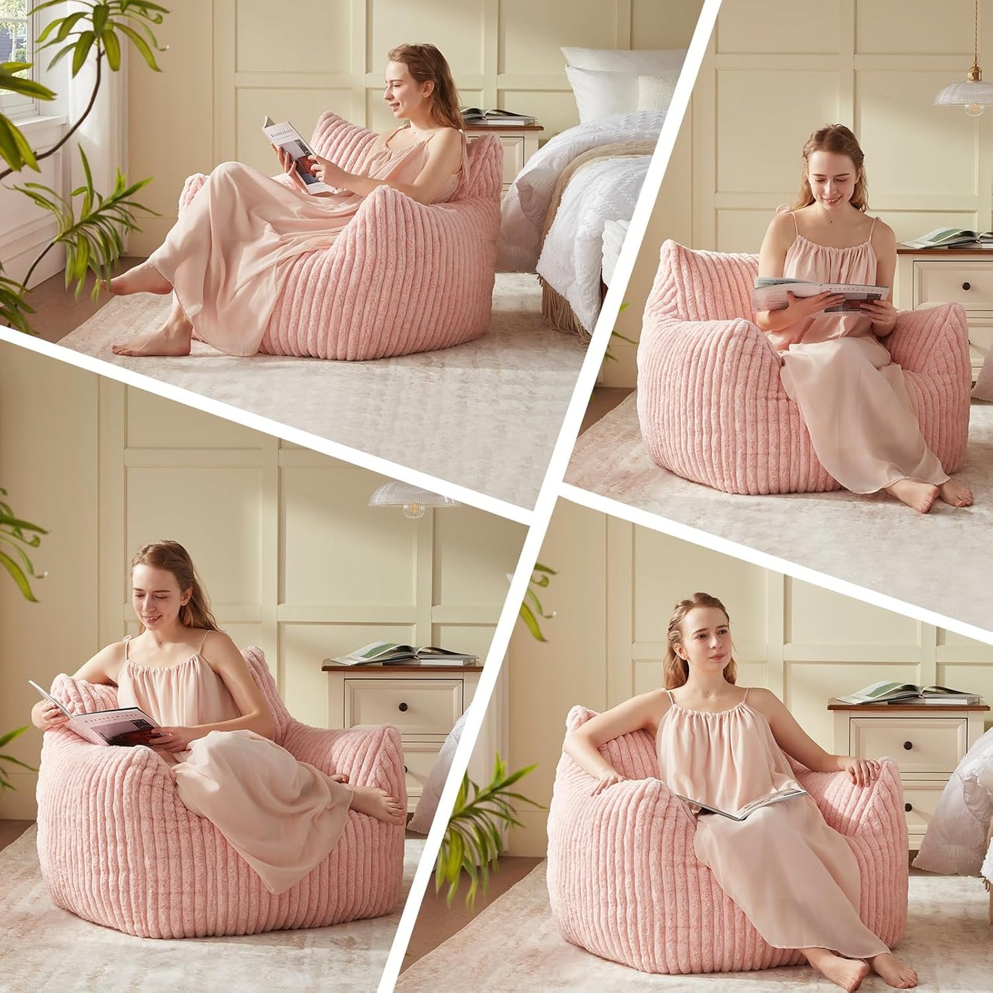 Giant Bean Bag Chairs for Adults Teens, Large Bean Bag Sofa Chairs with Filling Comfy Fuzzy BeanBag Chair with Armrests for Bedroom Living Room Reading
