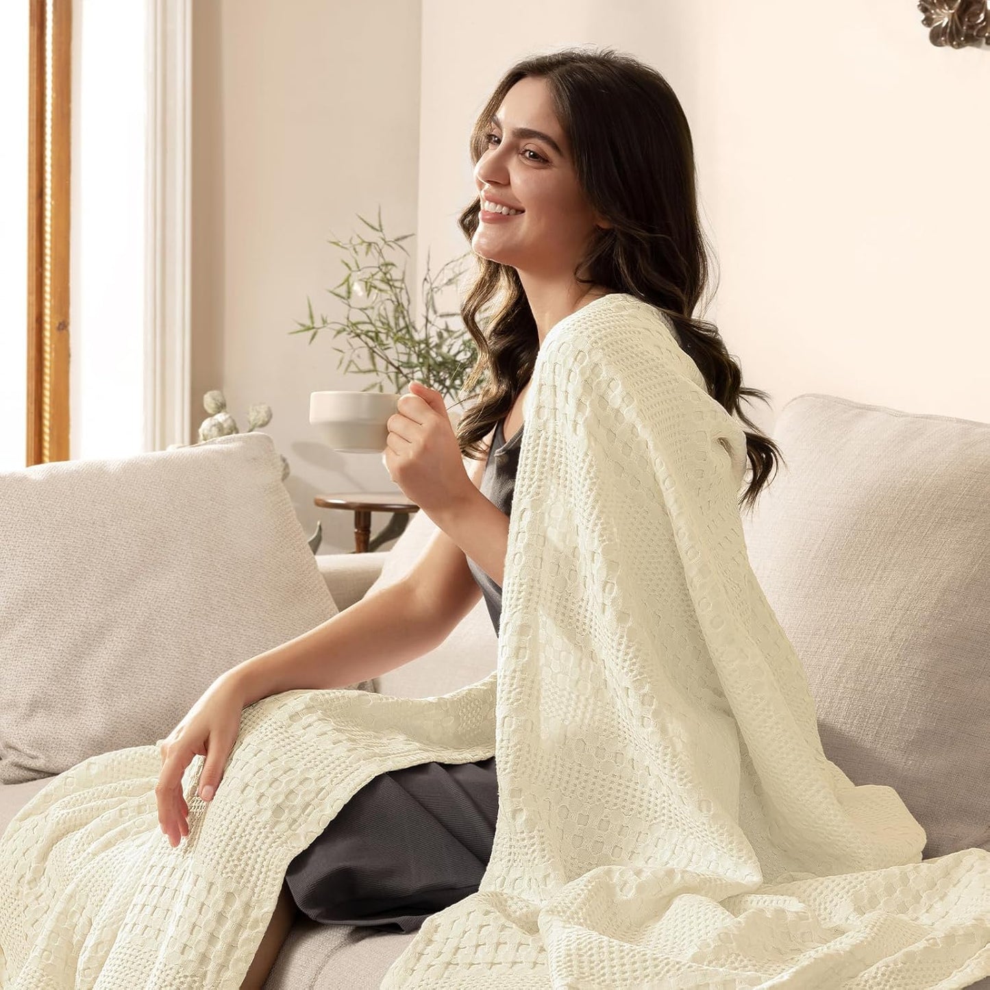 PHF Cooling Waffle Blanket King Size, Lightweight 60% Rayon Derived from Bamboo & 40& Cotton Breathable Blanket for Hot Sleepers, Soft and Luxury for Bed Couch and Sofa, 104"x90", Ivory