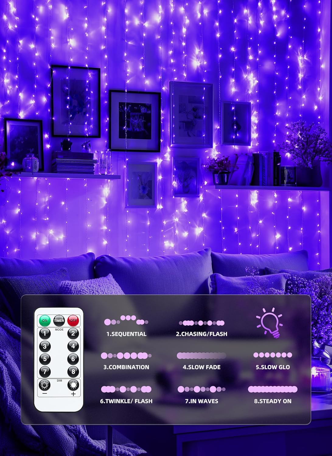 Brightown 300 LED Purple Fairy Curtain Lights, 9.8ft x 9.8ft Curtain String Lights, USB Plug in 8 Lighting Modes LED Christmas String Hanging Lights with Remote for Bedroom Indoor Outdoor Weddings