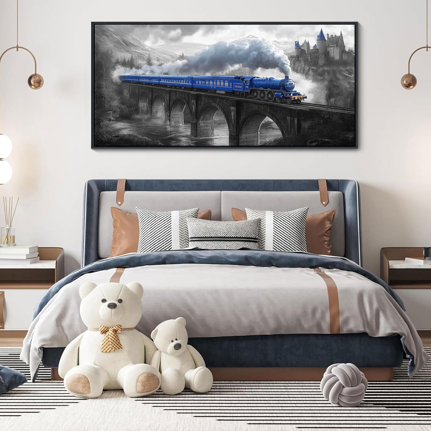 JEAWA Large Framed Canvas Wall Art - 24x48 IN Blue White Gray Landscape Wall Decor, Picture with Castle Bridge Train, Art Prints for Living Room Bedroom Bathroom Home Decoration