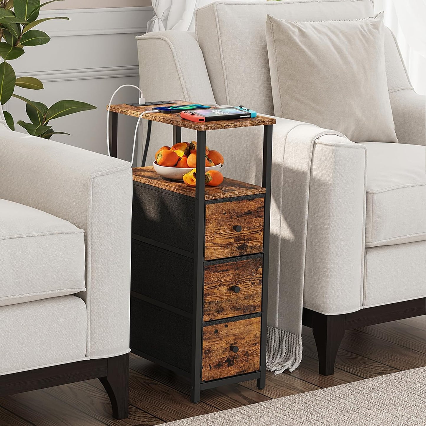 TUTOTAK Narrow Night Stand with Charging Station, Slim End Table with Plugins, Tall Side Table with 3 Fabric Drawer, Small Bedside Table with Storage, Set of 2, Living Room, Bedroom, Brown TB01BB073