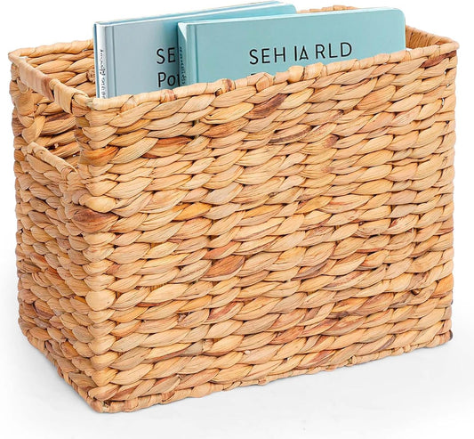 Magazines Holder Basket - Wicker Magazine Basket, Handwoven Magazine Holders for Bathroom,Home Magazine Storage Basket, Water Hyacinth Magazine Rack Organizer for Books, Newspapers, Narrow Rectangle