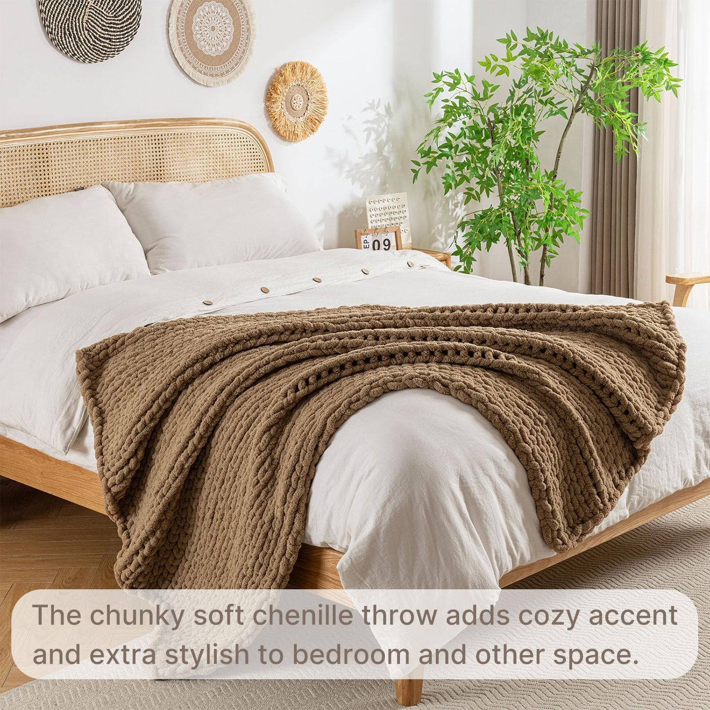 Chunky Knit Blanket Throw, 100% Hand Knit Throw Blanket Handmade Chenille Cable Knit Throw for Couch, Stylish Cozy Soft Rope Knot Crochet Blanket for Home Decor, Camel, 50x60 Inches