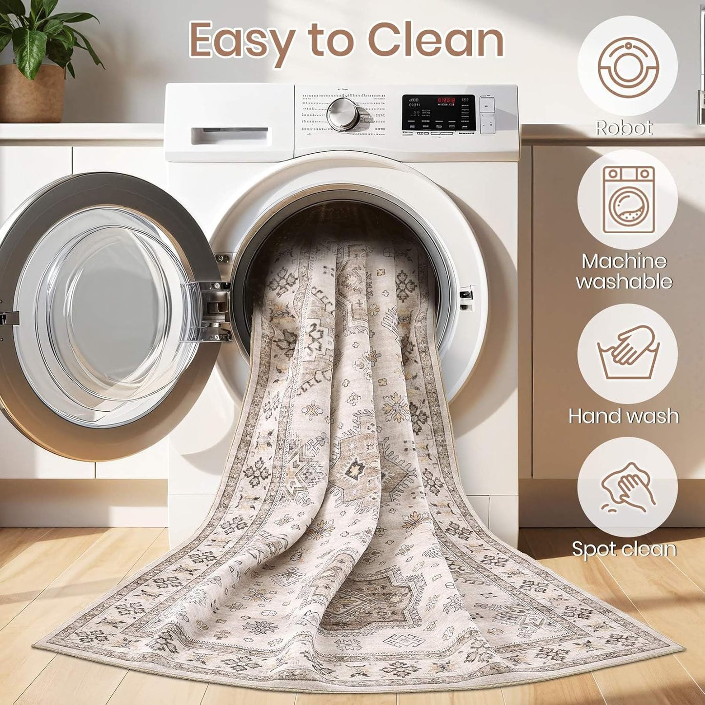 Washable Area Rugs for Living Room -10x12 Neutral Vintage Distressed Floral Farmhouse Boho Large Soft Floor Rug Indoor Non Slip Carpet for Living Room Bedroom Dining Room Office-Beige Brown