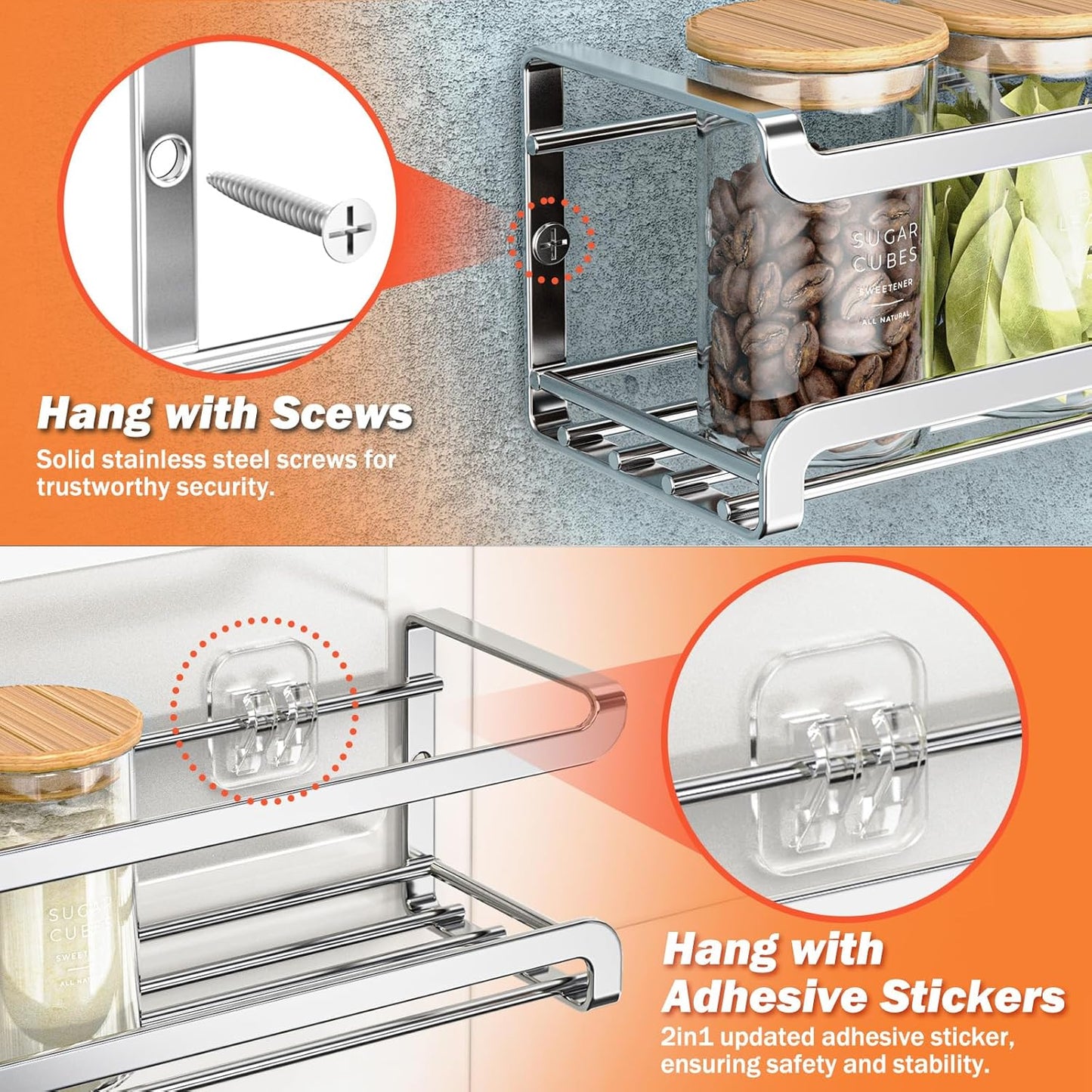 Spice Rack wall mounted 2 Pack, Space-Saving Spice Organizer for Spice Jars and Seasonings,Screw or Adhesive Hanging Spice Rack Organizer for Your Kitchen Cabinet,or Pantry Door,Silver