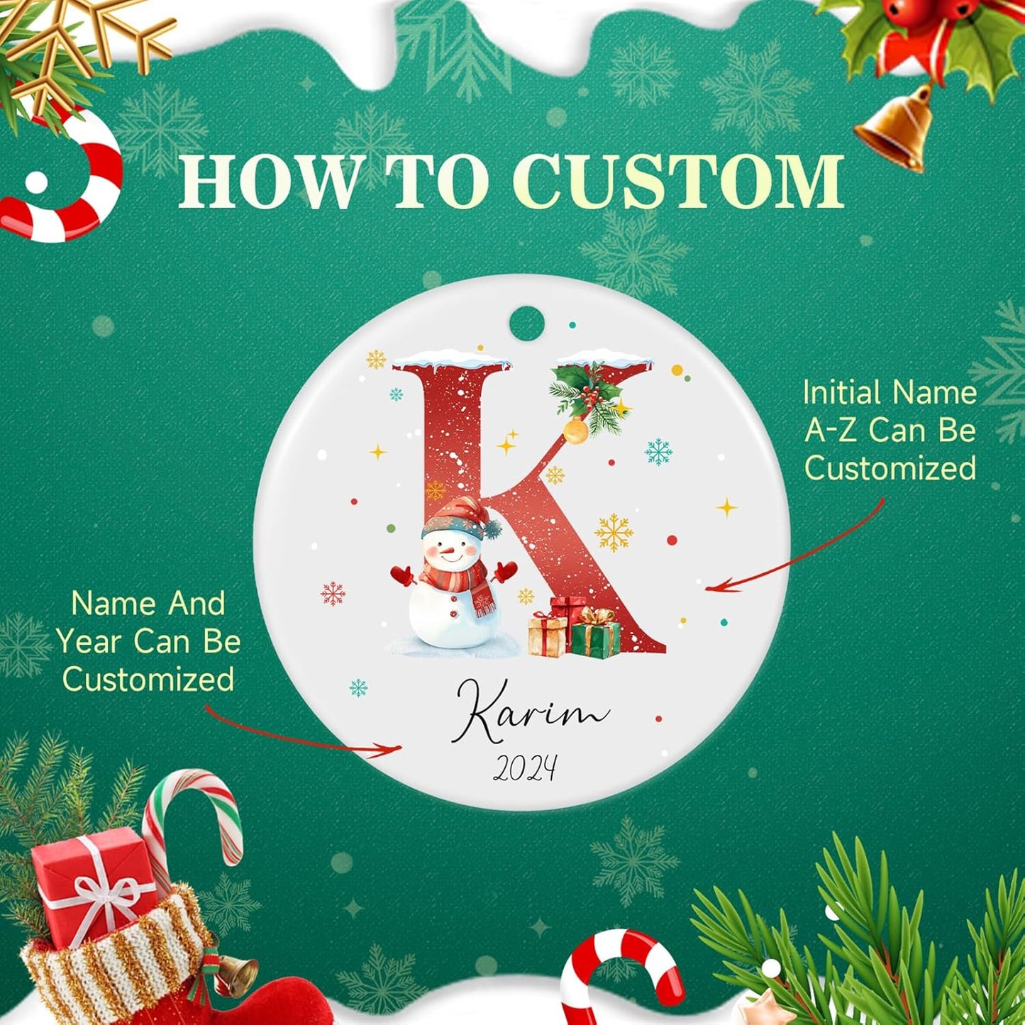 Personalized Christmas Ornaments with Initial Name, Ceramic Custom Monogram Initial A-Z Christmas Ornament 2025 for Kids Family Friends, Customized Letter Name Ornaments for Christmas Tree Decorations