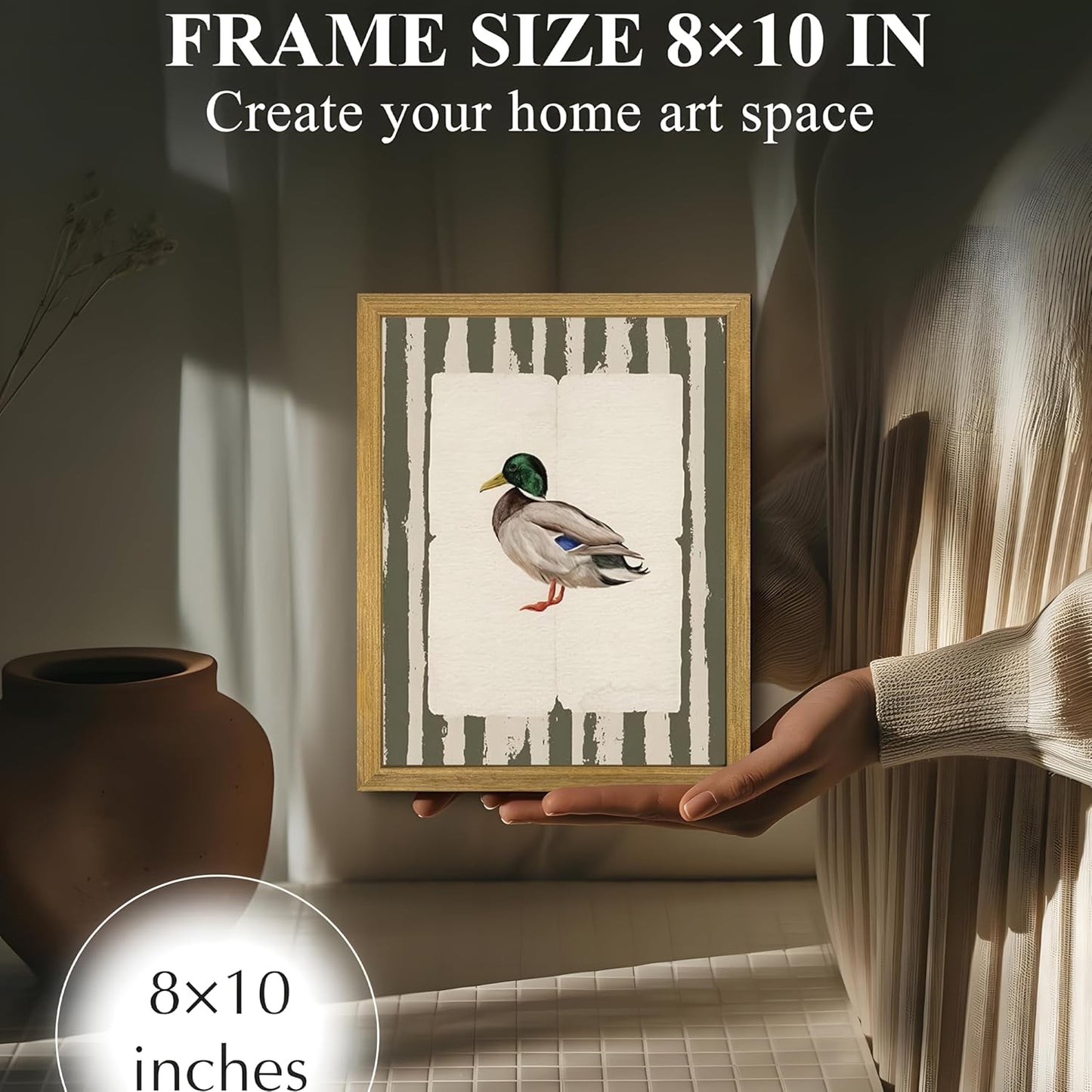 Vintage Framed Duck Wall Art Print, Rustic Mallard Bird Illustration Canvas Poster, Cottagecore Animal Artwork, Farmhouse Nature Wall Decor for Living Room Kitchen Bathroom Bedroom 8x10 inch