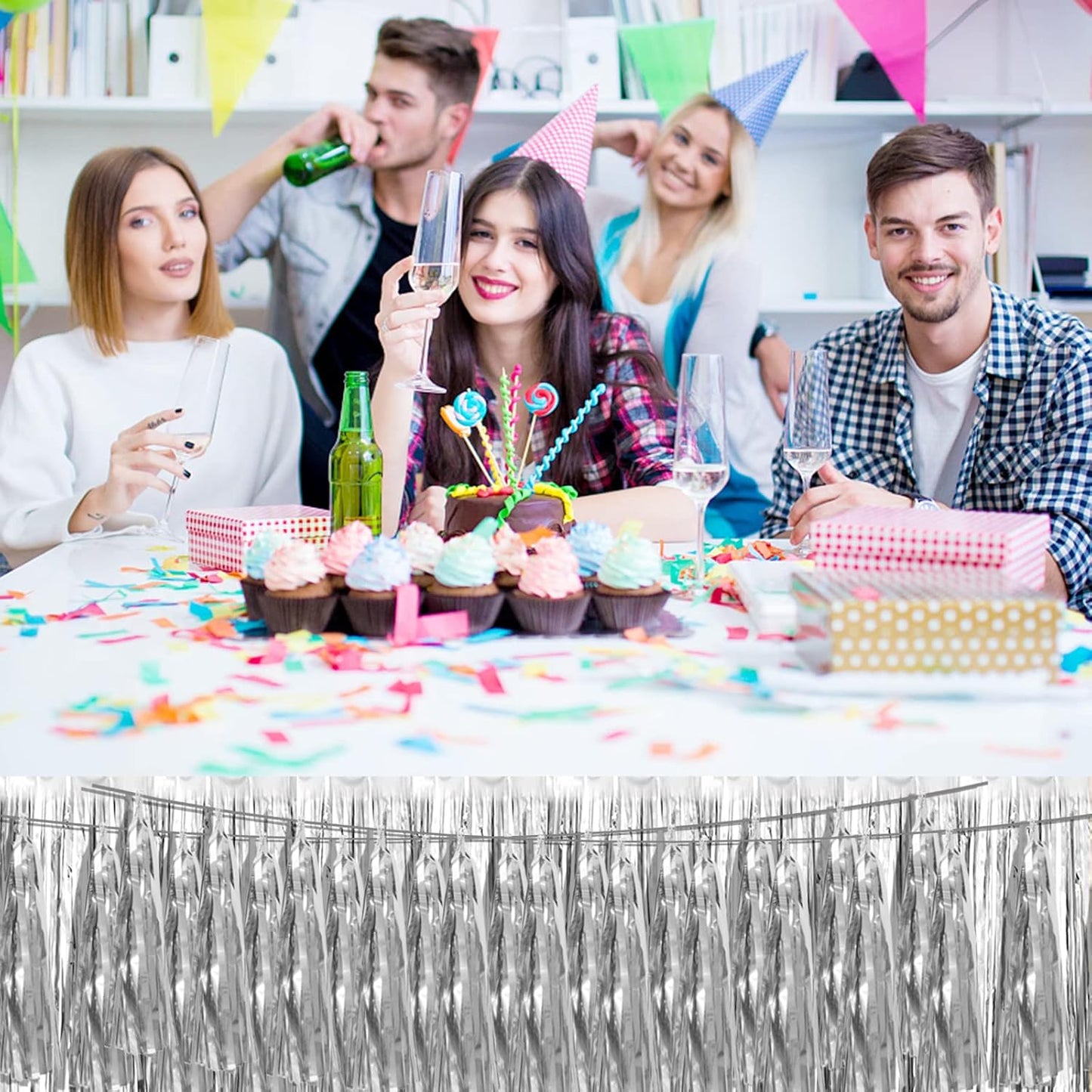 3P Silver Foil Fringe Metallic Tassel Streamers Banner Tassel Garland for Parade Floats, Bachelorette, Wedding, Birthday, Halloween, Christmas, Bridal/Baby Shower Party Decorations