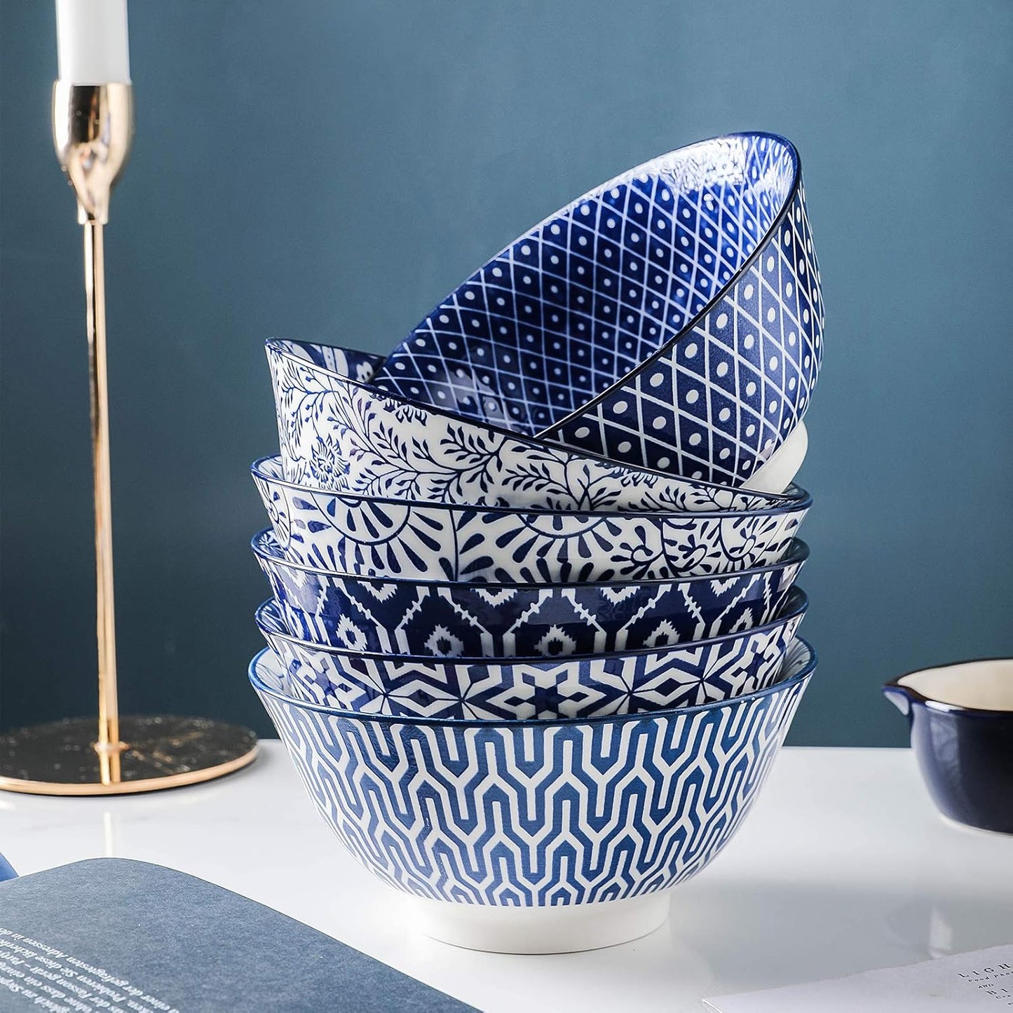 Selamica Blue and White Porcelain 20oz Cereal Bowl Set - Set of 6, 6 inch Soup Bowls, Ceramic bowls for Cereal, Soup, Salad and Pasta, Vintage Blue