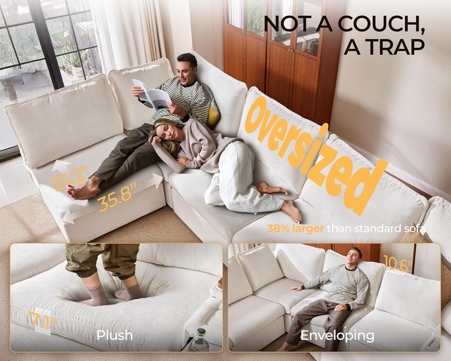 Oversized Modular Sofa Comfy Cloud Couch with Storage, Extra Deep Plush Sectional Sofa Set for Living Room, Covers Washable, Chenille, Olar (White, 6-seatser with Corner & Ottoman, v-Shaped)