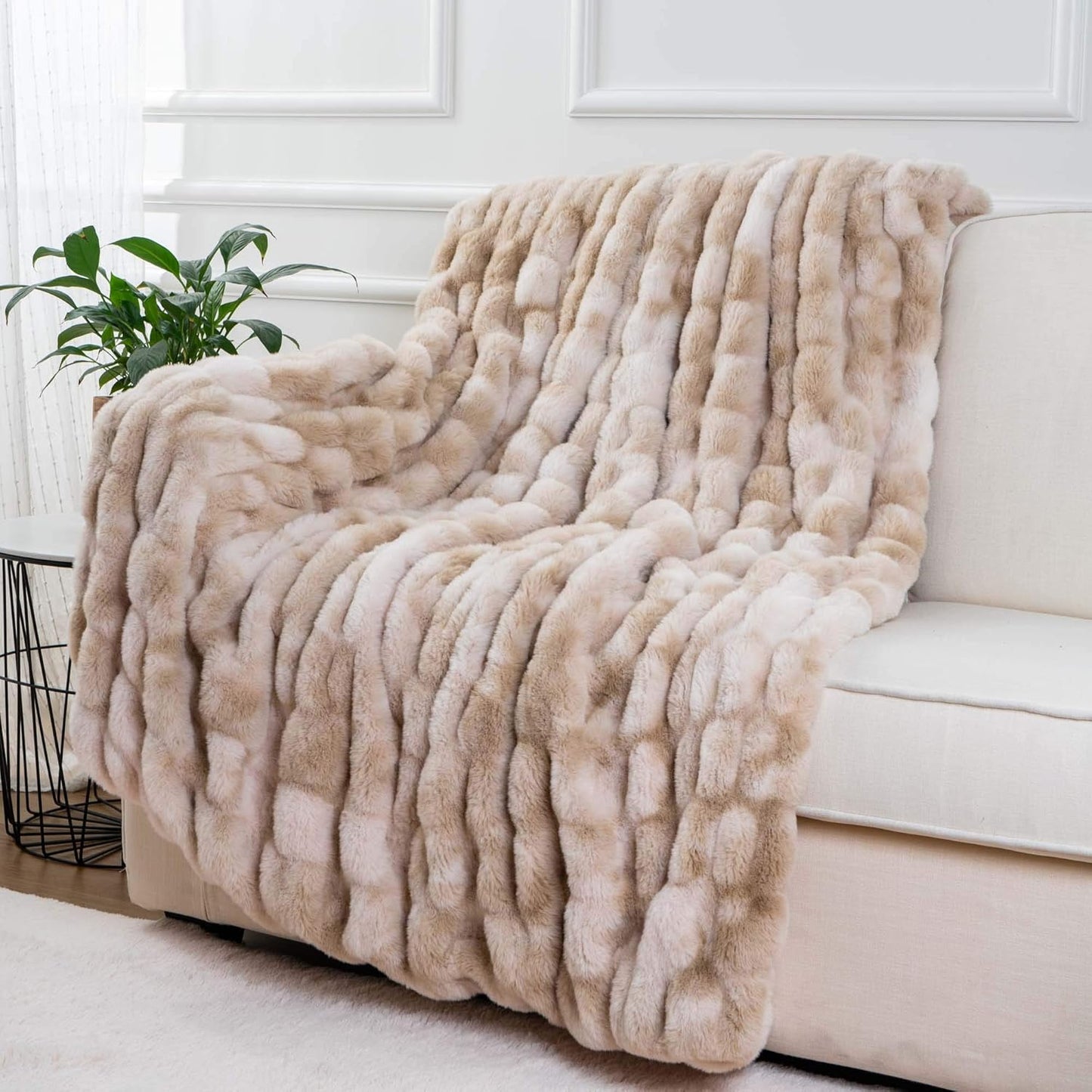 BATTILO HOME Ruched Luxurious Soft Beige Faux Fur Throw Blanket Fuzzy Plush Elegant with Reversible Mink Blanket for Sofa,Chair, Couch, Living Room, Home Decorative Blanket Tie dye (Beige, 50"x60")