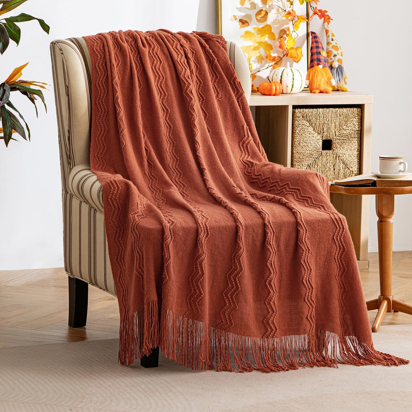 MIULEE Fall Rust Knitted Throw Blanket for Couch Terracotta Boho Textured Cozy Woven Rustic Blanket with Tassels for Sofa Chair Bed Living Room Farmhouse Decor Acrylic Wave Pattern 50"x60"