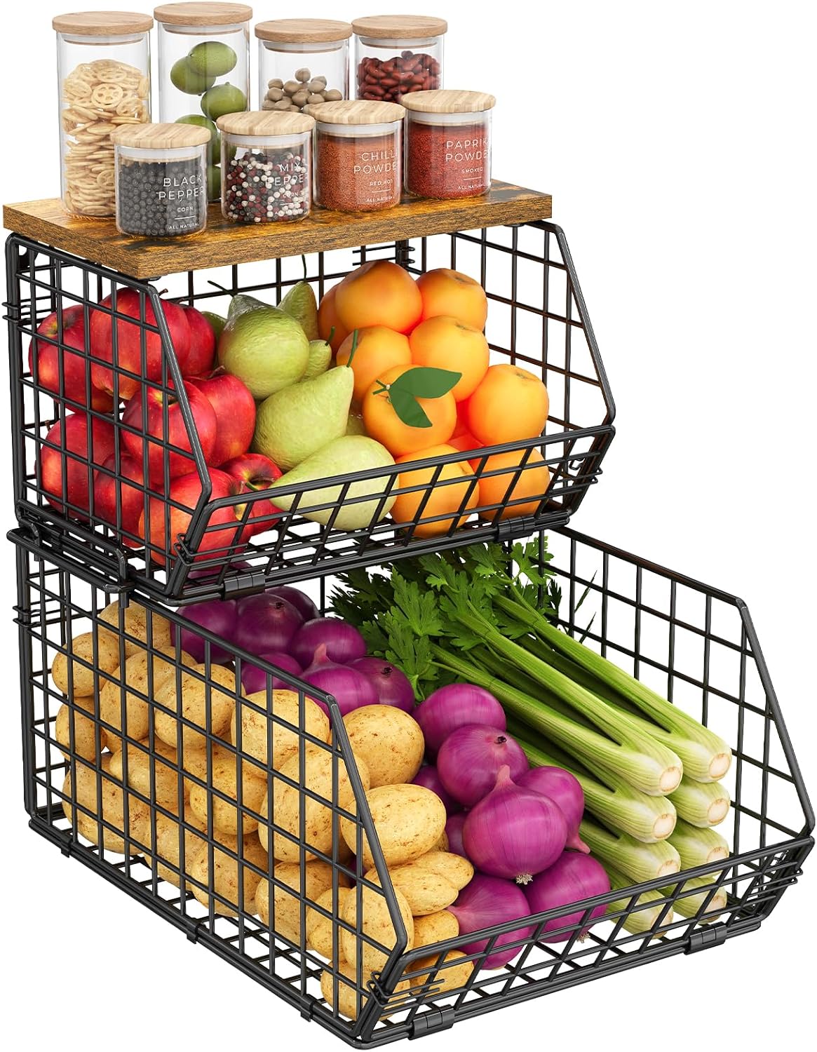 X-cosrack 2-Tier Stackable Wire Baskets for with Wood Lid, Wall Hanging Baskets for Potato and Onion Storage, Fruit Basket for Kitchen Counter, Metal Baskets for Snack Produce Cans