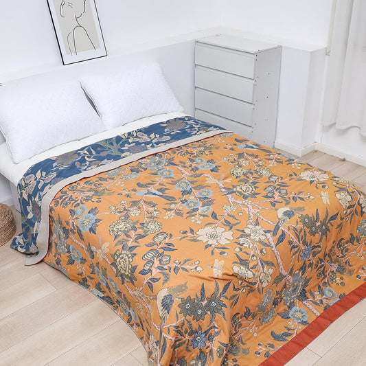 Snycler Boho Throw Blanket for Bed - 100% Cotton Ultra Soft Rustic Quilt Blanket Orange Bird Floral Printed Farmhouse Decor Bed Blankets, 80"×90" All Season Rustic Throw for Sofa Couch Chair