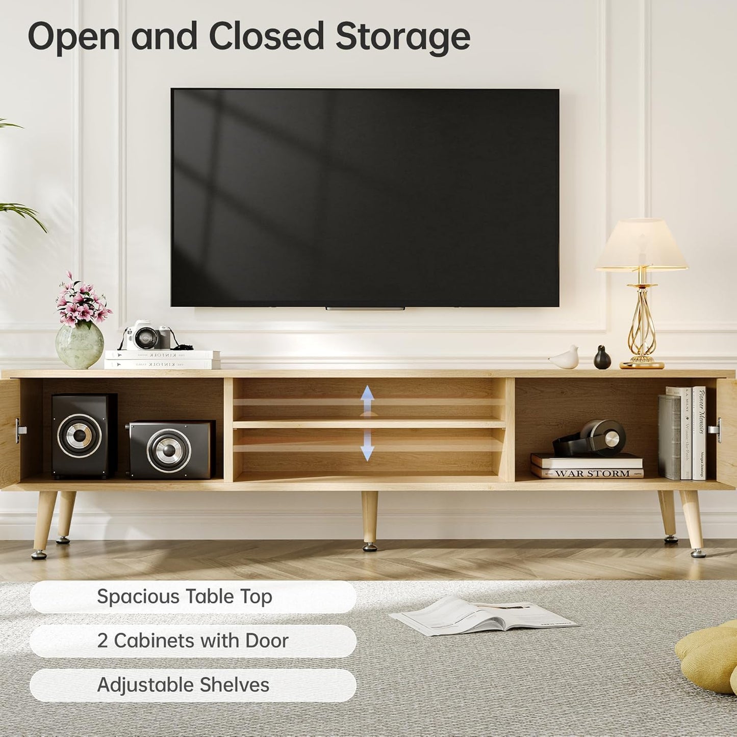 Mid Century TV Stand, Modern TV Console for TVs up to 70 Inches, Entertainment Center with Storage, TV and Media Consol, 62 Inch (Oak)