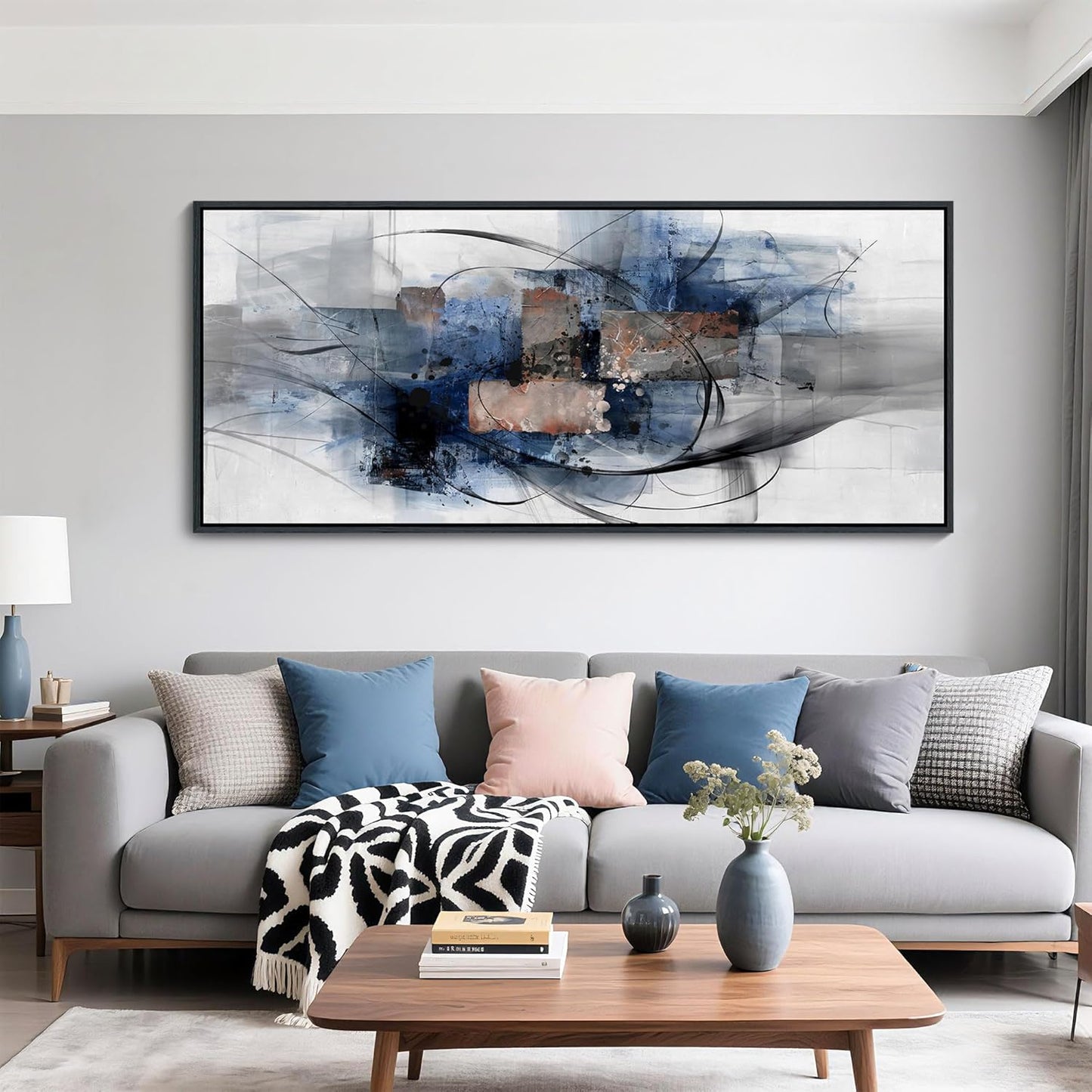 Mofutinpo Black and Blue Wall Art - Abstract Canvas Wall Art for Living Room, Bedroom, Office - Modern Black and White Paintings,Blue and Grey Wall Decor, Large Artwork and Pictures for Wall 31×70IN