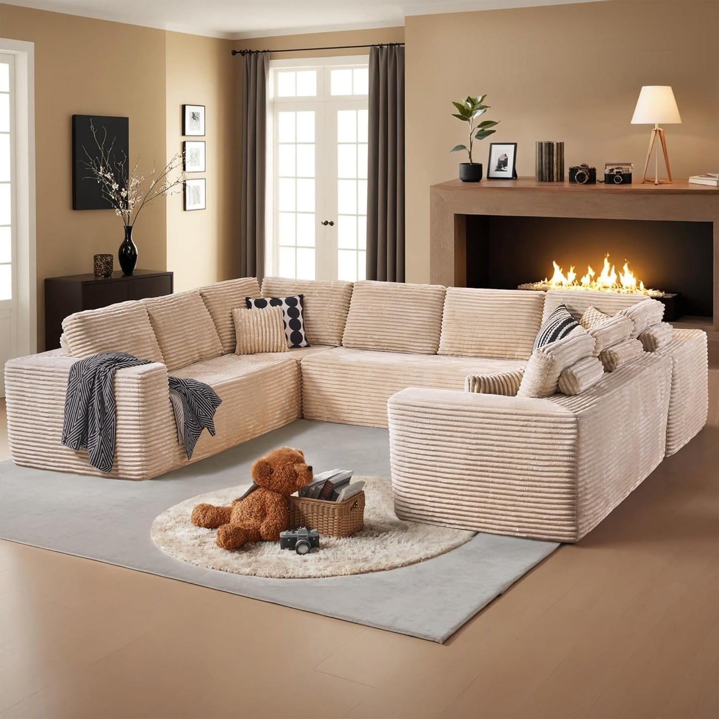 HOOOWOOO Cloud Sectional Couches for Living Room,Modular Sectional Sofa No Assembly,136X110 Inch Plush Corduroy Large U Shaped Floor Couch Set with Deep Seat(Beige)
