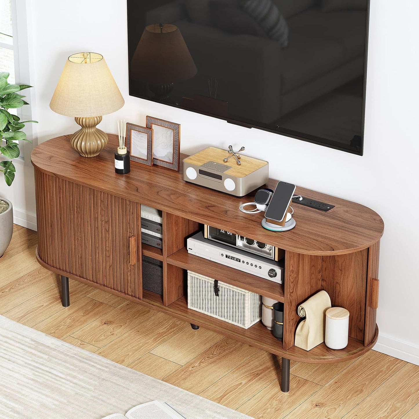 TV Stand with Power Outlet, Mid-Century Modern Television Stand, Media Console with Sliding Doors, Entertainment Center for TVs up to 60 Inch, Adjustable Shelves, Walnut