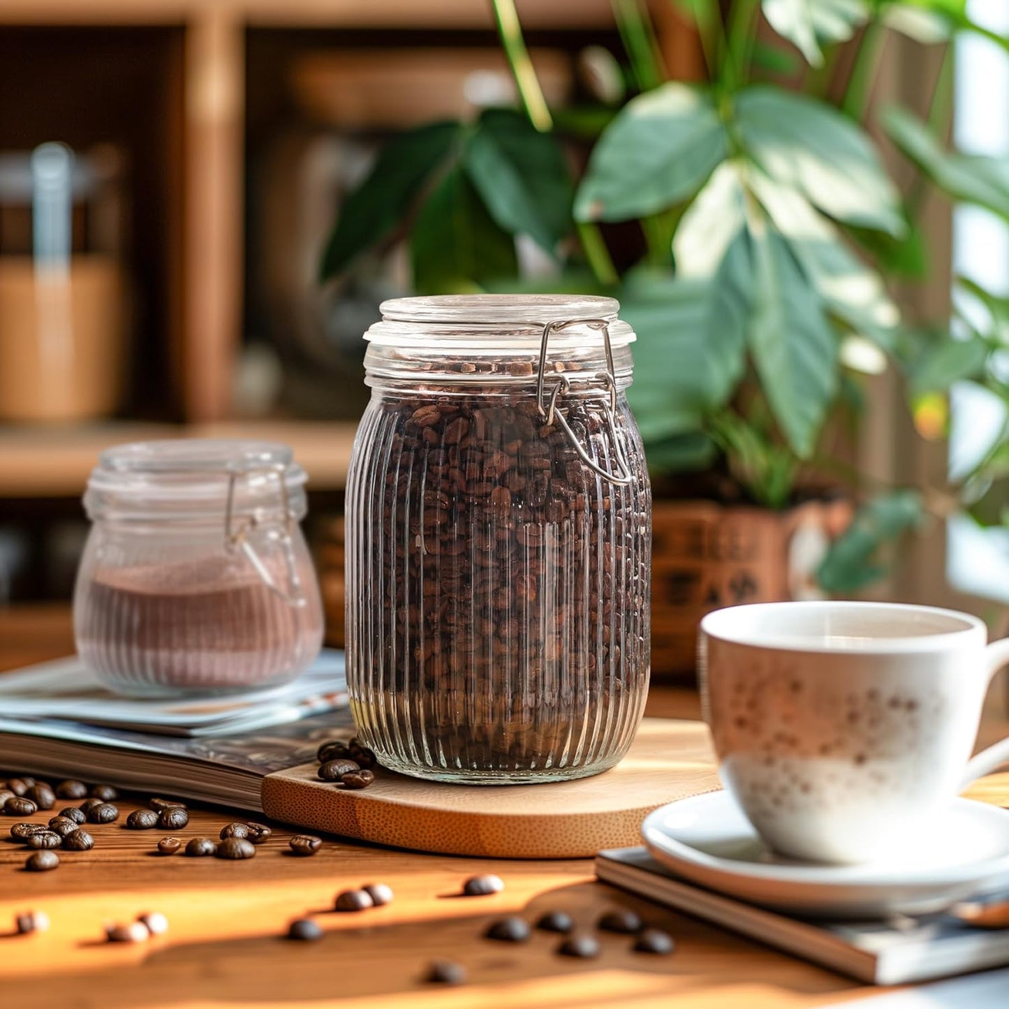 ComSaf Airtight Glass jar with lid 37oz Set of 3, Glass Storage Containers with Lids, Glass Canisters, Striped Clip Fastening Jar for Kitchen Canning, Tea, Pasta, Sugar, Beans, Cookie, Jam, Oat