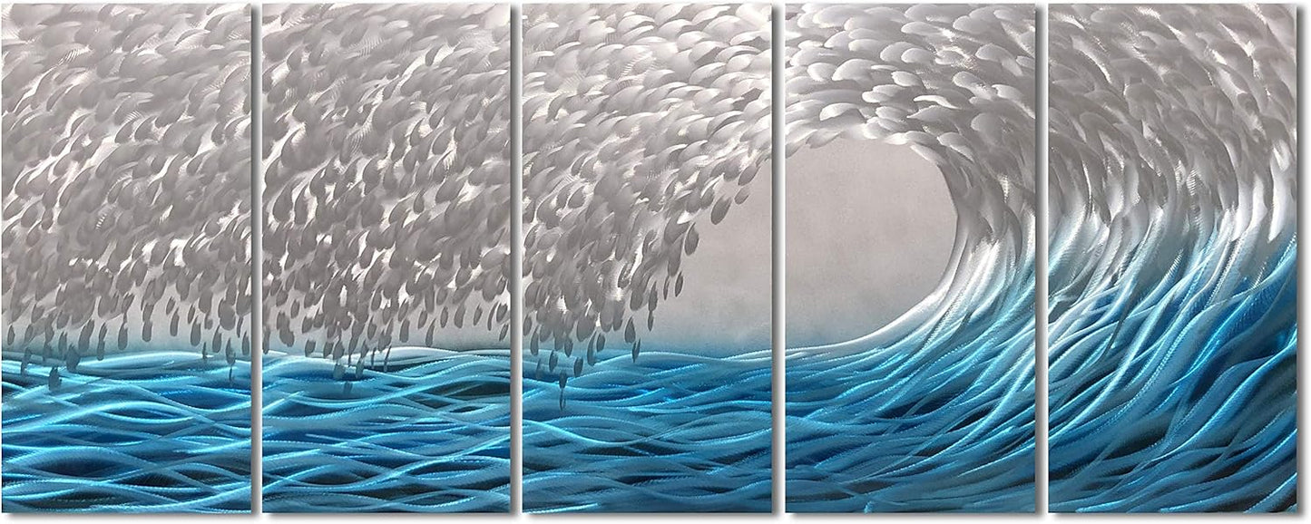 Yihui Arts Metal Wall Art - Silver Sea Waves 3D Sculpture, 5 Piece Hand Crafted Aluminum Coastal Artwork for Large Abstract Living Room, Bedroom, Bathroom Decor - Blue