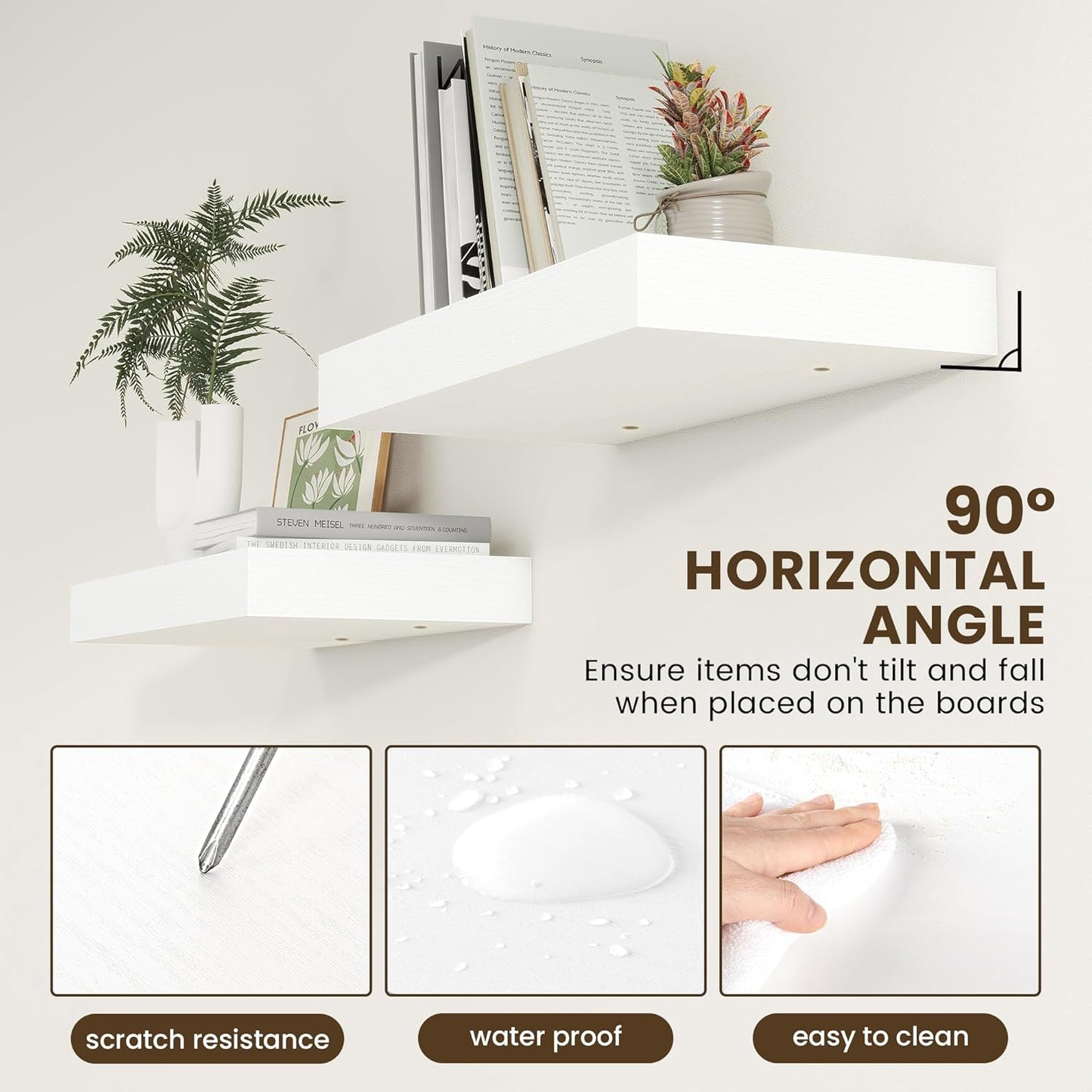 Deep Floating Shelves for Wall | 24 Inch Wide x 12 Inch Deep White Floating Shelves | 24W x 12D Rustic Wood Wide Wall Shelves | Bookshelf Laundry Shelf TV Shelf