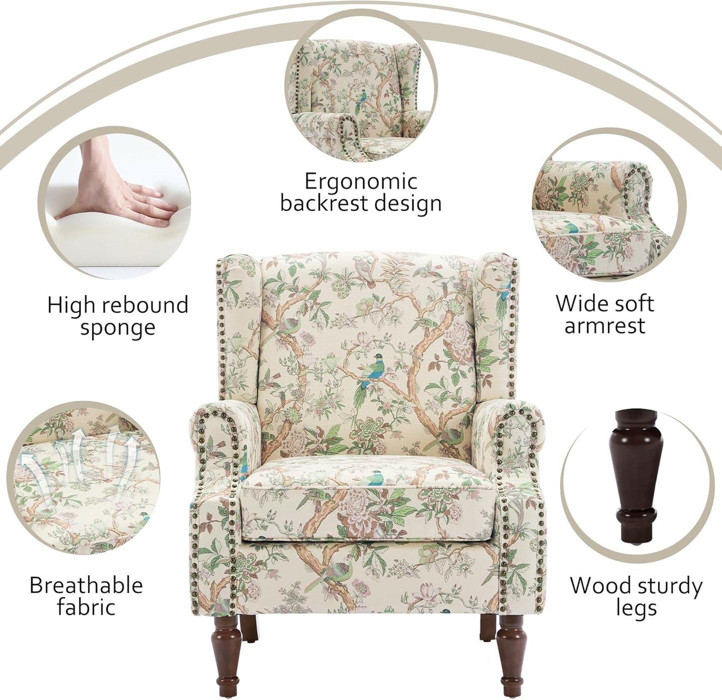Lumibee Wingback Accent Chair, 2 Set High Back Floral Armchairs in Fabric,Comfy Upholstered Reading Single Sofa Chairs with Solid Wood Legs for Living Room,Bedroom,Office-Bird