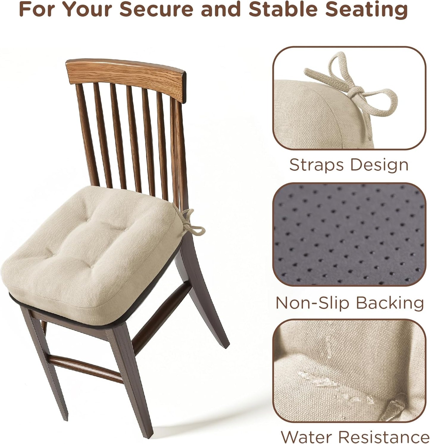 Codi Dining Chair Cushions 2 Pack, Thick Chairs Pads for Indoor Kitchen Room - Washable, Non-Slip Memory Foam Seat Cushion with Ties, 16.5"x16.5"x 3.5", Set of 2, Beige