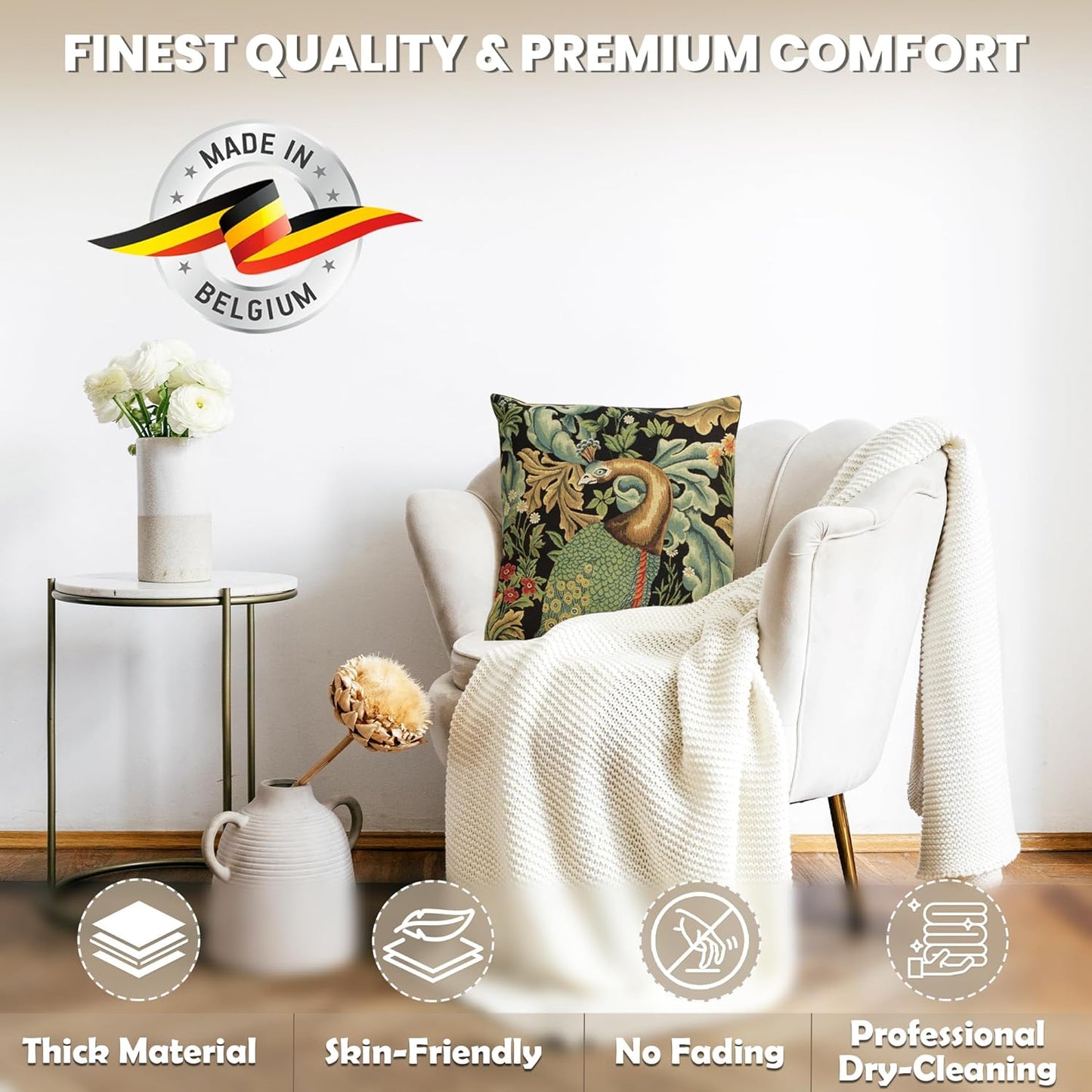 Charlotte Home Furnishings Throw Pillow Covers, Decorative Boho Pillow Covers for Couch, Living Room, Black Peacock Square Cushion Cases 18x18 in, European Cotton Jacquard Woven for Cozy Bedroom Decor