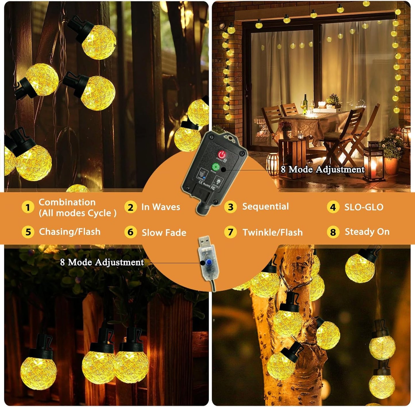 Solar LED String Lights for Outside,39.4FT 8Modes Crystal Globe Fairy String Lights Waterproof USB Plug for Garden Patio Christmas Tree Fence Indoor&Outdoor Party Decor(Pineapple Warm White)