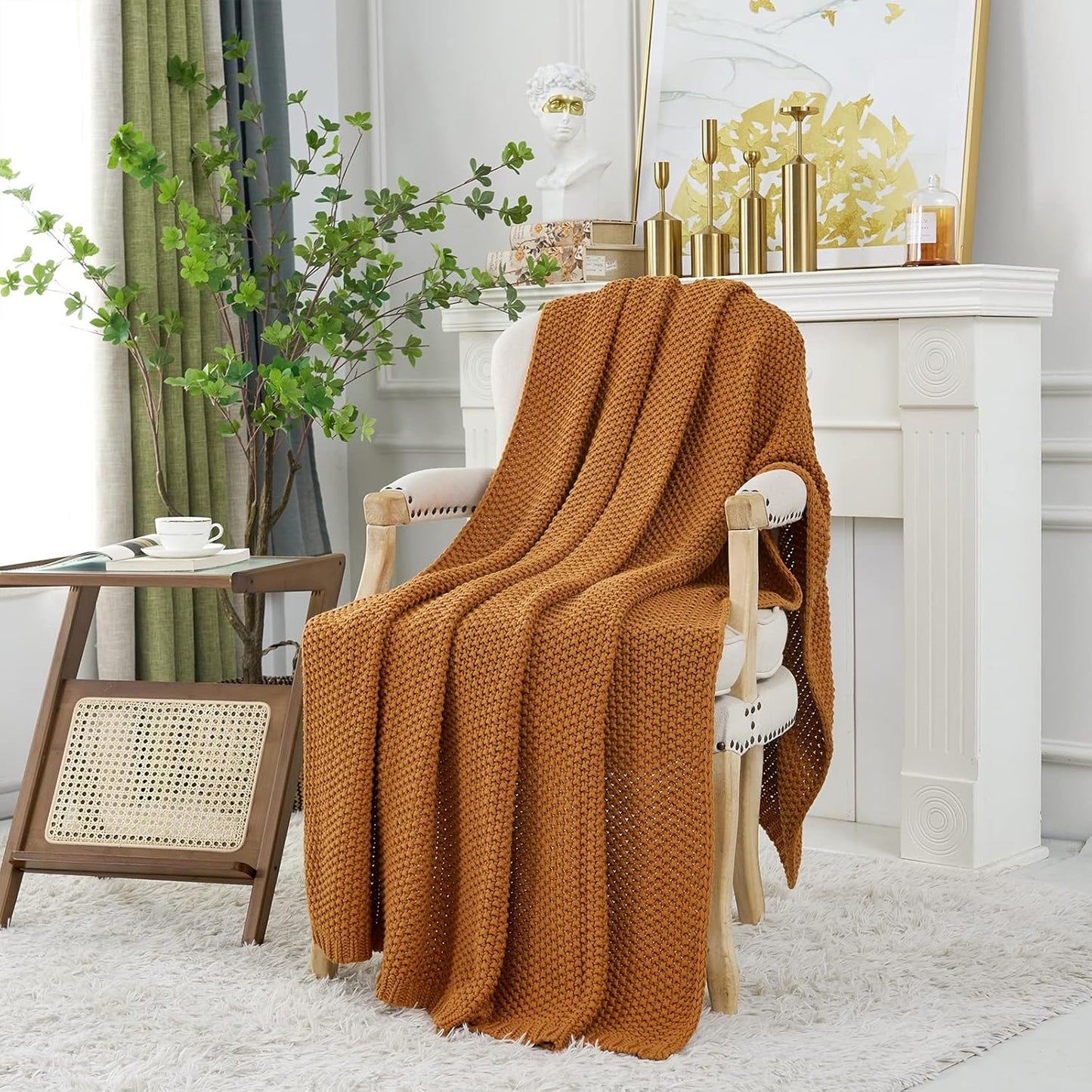 Chunky Cable Knit Throw Blanket Lightweight Burnt Orange 100% Organic Cotton Blanket for Sofa Couch Bed Baby Nursery, Rustic Shabby Chic Modern Farmhouse, 60” x 80” Give Laundering Bag