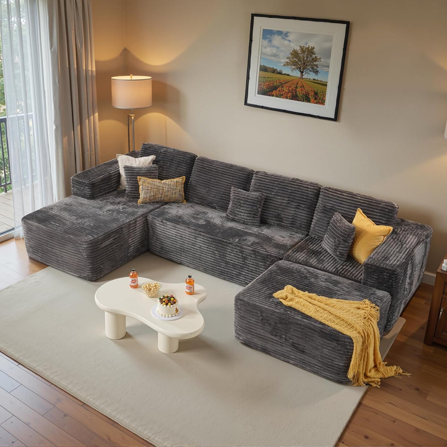 ovios Sectional Cloud Couch for Living Room, Modular Floor Sofa with Plush Corduroy, No Assembly Required, Big Comfy Couches Set with Fluffy Memory Foam, Stupendous U Shaped Sofas with Chaise, Black