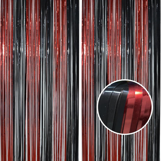 BRAVESHINE Tinsel Photo Backdrop Curtains - 2 Pack 3.2x8.2ft Black Red Foil Fringe Streamer Curtain for Halloweens, Lantern, Pumpkin, Home, Indoor or Outdoor Party Supplies Decorations