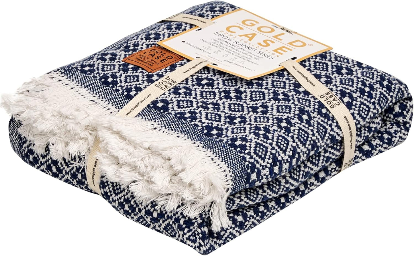 Gold Case Throw Blanket for Couch - 100% Recycled Turkish Cotton Blankets & Throws - Retro Soft Throw Blankets for Living Room Sofa - Boho Decorative Woven Throws for Couch - 60x80 - Navy Blue