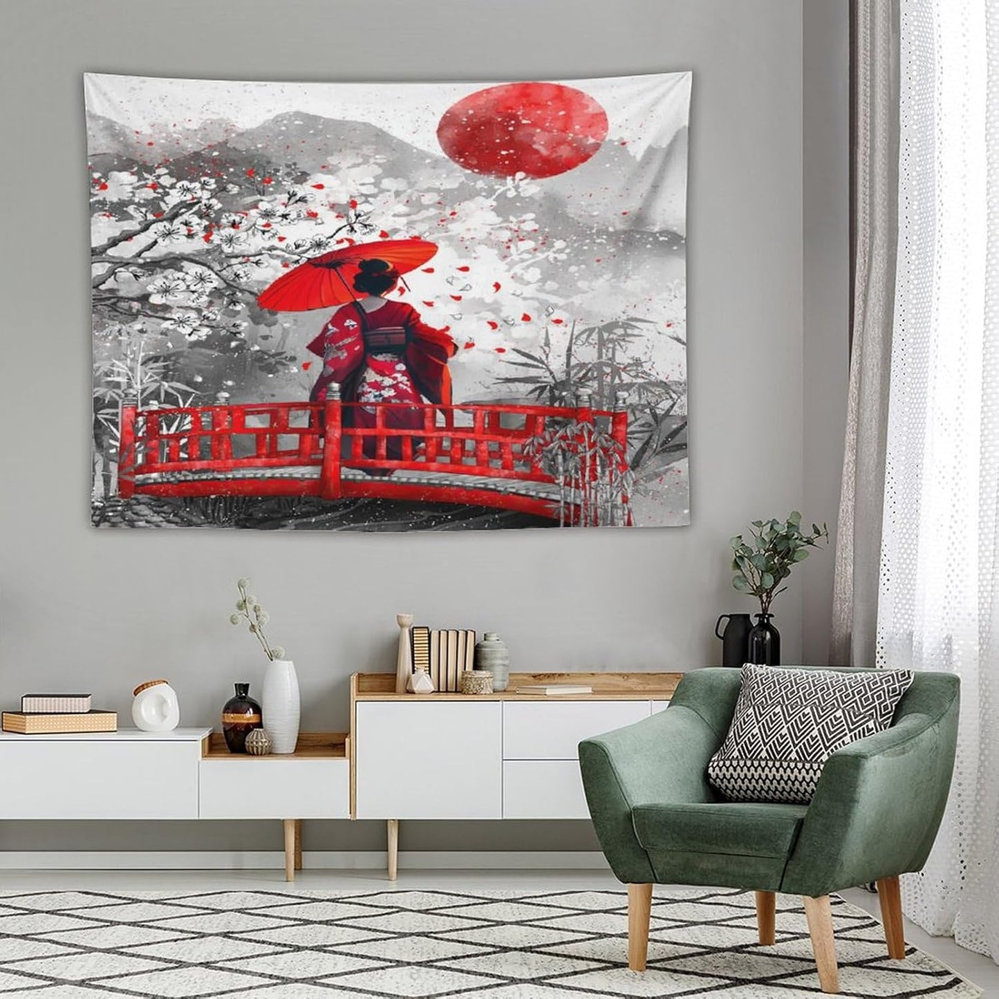 Japanese Red Geisha Tapestry Asian Cherry Blossom Red Sun Traditional Kimono Folk Tapestries Home Decor for Living Room Bedroom Apartment Farmhouse Dorm 80"x60"
