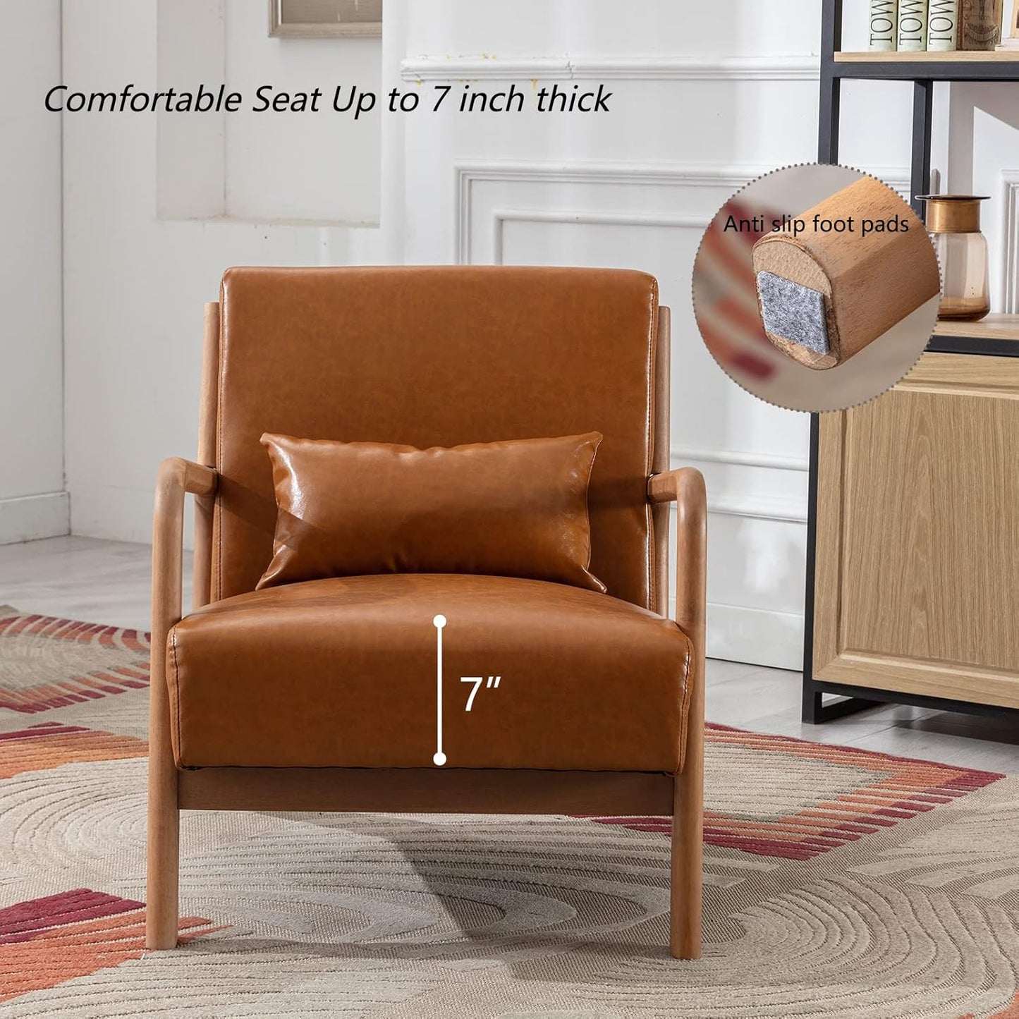 INZOY Mid-Century Modern Accent Chair Set of 2, PU Leather Reading Armchair with Waist Cushion, Upholstered Living Room Chairs for Bedroom Sunroom, Camel Set