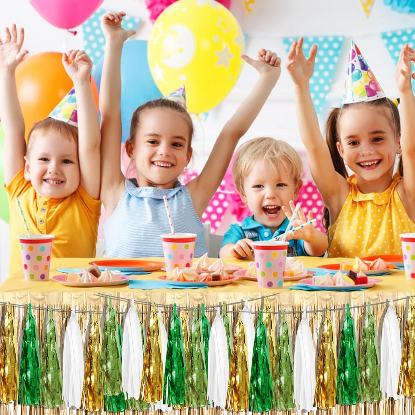 3P Sage-Green Beige-Mint Gold Foil Fringe Metallic Tassel Garland Banner, Tassels Banner Streamers for Parade Floats, Bachelorette, Wedding, Birthday, Christmas, Bridal/Baby Shower Party Decorations