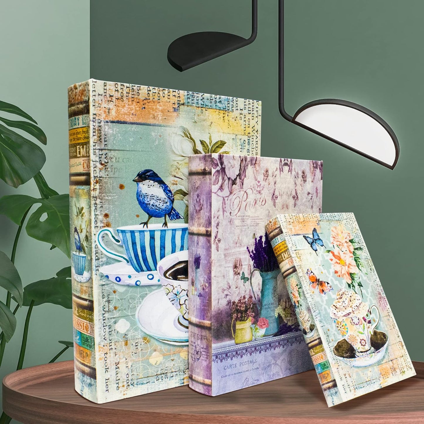 Decorative Book Box Set of 3, Trinket Keepsake Greeting Card Storage Box, Flower Bird Pattern Vintage Coffee Table Decoration, Graduation Gift Idea