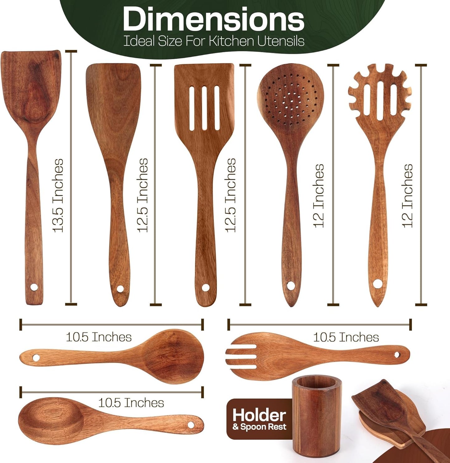 Wooden Spoons for Cooking Set of 10 - Cooking Utensils with Spoon Rest & Holder – Comfortable Grip & Easy to Clean - Wooden Spoon Set for Kitchen with four Hanging Hooks