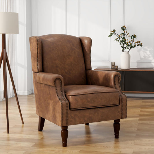 UIXE PU Leather High Back Accent Chair, Upholstered Armchair for Living Room, Retro Wingback Arm Chair Nailhead Trim Single Sofa Bedroom Reading Seat with Solid Wood Legs - Brown