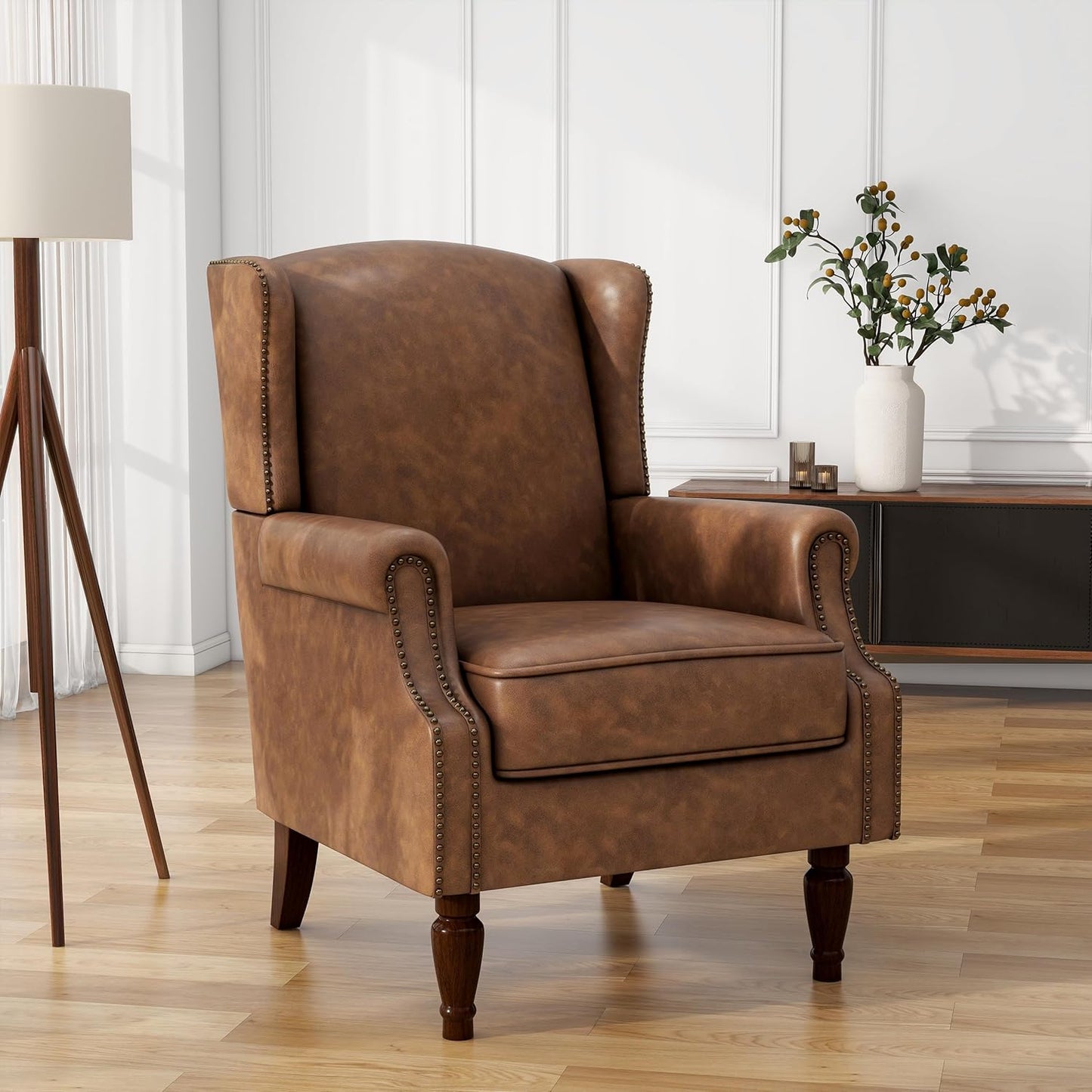 UIXE PU Leather High Back Accent Chairs Set of 2, Upholstered Armchair for Living Room, Retro Wingback Arm Chair Nailhead Trim Single Sofa Bedroom Reading Seat - Brown