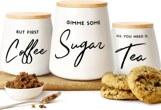 Coffee Tea and Sugar Ceramic Canister Set - 3-Piece Airtight Kitchen Canisters for Countertop - Coffee Bar Container Set