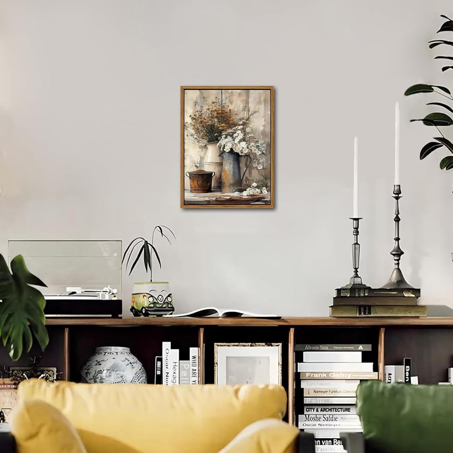 Floating Framed Farmhouse Vintage Canvas Wall Art, Country Floral Daisy Pictures Wall Decor, Wood Grain Art Paintings Poster for Living Room Bedroom Bathroom Rustic Decor 8x10 inch