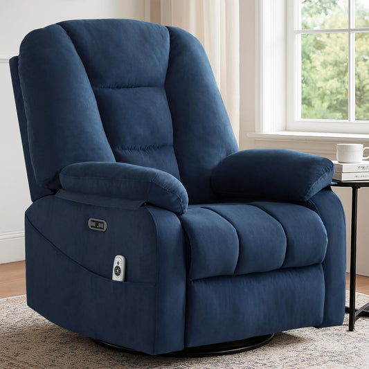 Power Swivel Rocker Recliner Chair for Adults,Rocking Recliners Chairs with Massage and Heat for Living Room, Electric Fabric Reclining Sofa Chair with USB and Type-C Port (Fabirc Blue)