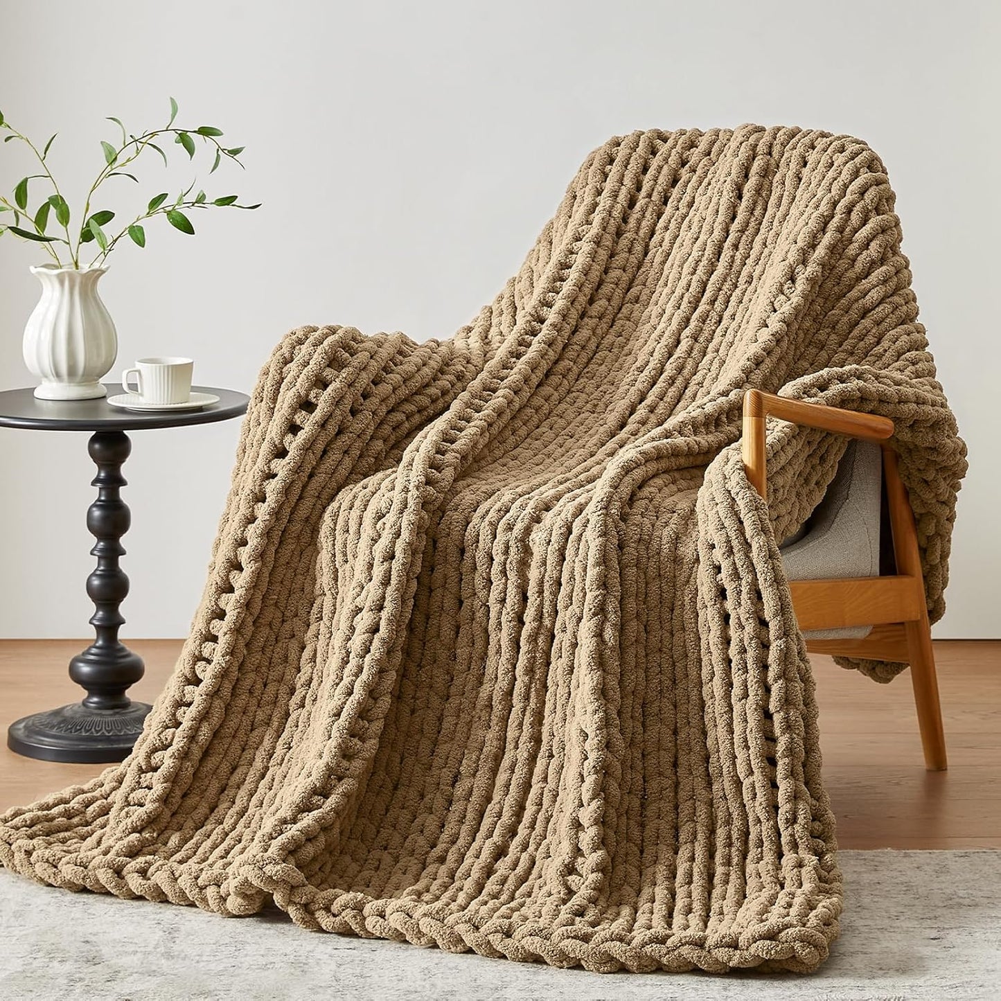 Chunky Knit Throw Blanket, 30''*40'' Knitted Throw Chenille Yarn for Bed Couch, Handmade Light Brown Crochet Big Thick Blanket, Machine Washable Cute Comfy Blanket for Home Decor