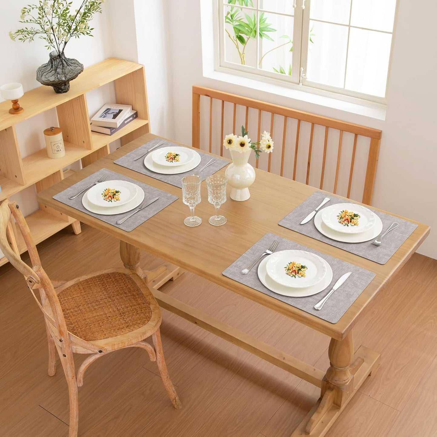 FROMHEART Faux Leather Placemats Set of 8–Waterproof,Heat/Oil Stain-Resistant PU Table Mat–Reversible,Non-Slip,Easy to Clean Place Mats for Kitchen,Dining,Indoor/Outdoor,(Light Grey,11.8" x 17")