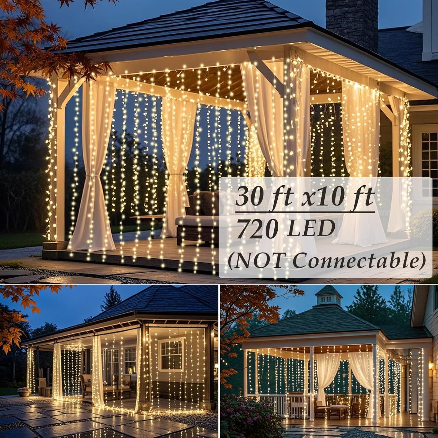 Solhice LED Curtain Lights Outdoor 30ft x10ft, 720 LED Plug in Hanging String Lights Indoor, Twinkle Light Backdrop for Outside Backyard Wedding Bedroom Décor, Warm White (Not Connectable)