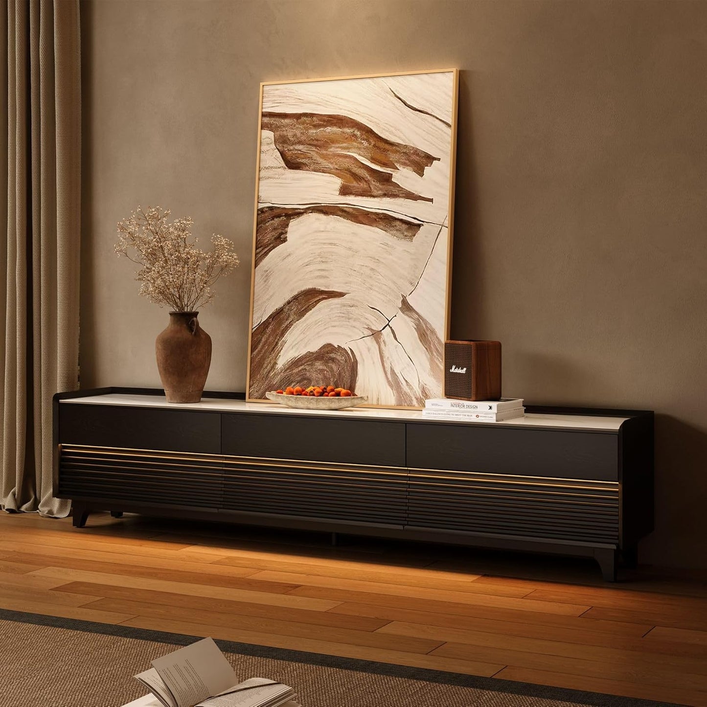 POVISON Fully-Assembled Mid Century Glossy Sintered Stone TV Stand with Legs, Wood Media Console with Adjustable LED Light, Entertainment Center with Storage for Living Room