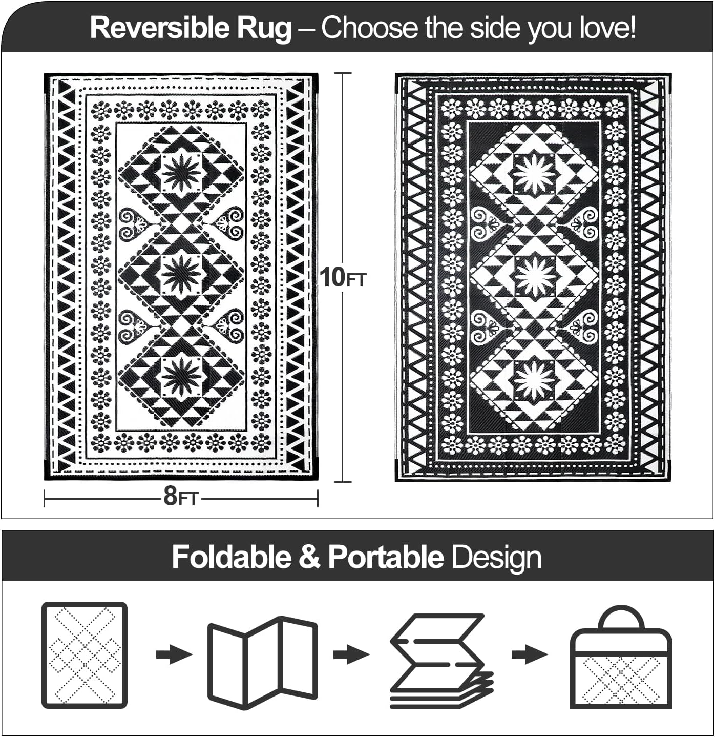 Waterproof Outdoor Rug 8x10ft, Reversible Plastic Straw Mat Rugs for Patio RV Deck Porch Backyard Balcony Camping Picnic Beach Indoor Outdoor Carpet, Black&White