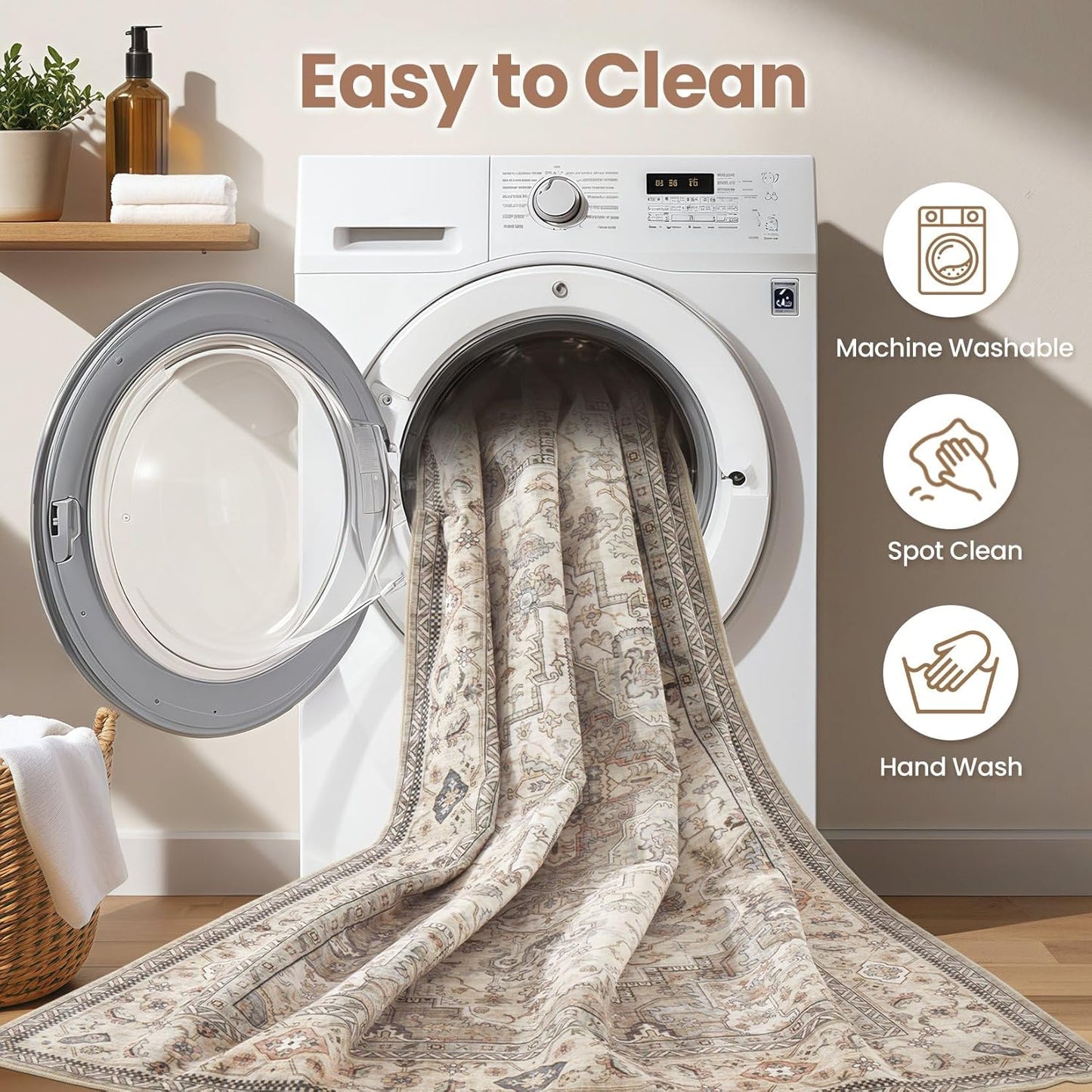 Washable Area Rugs for Living Room - 5x7 Neutral Vintage Distressed Floral Farmhouse Boho Large Soft Floor Rug Indoor Non Slip Carpet for Bedroom Dining Room Office - Brown/Multi